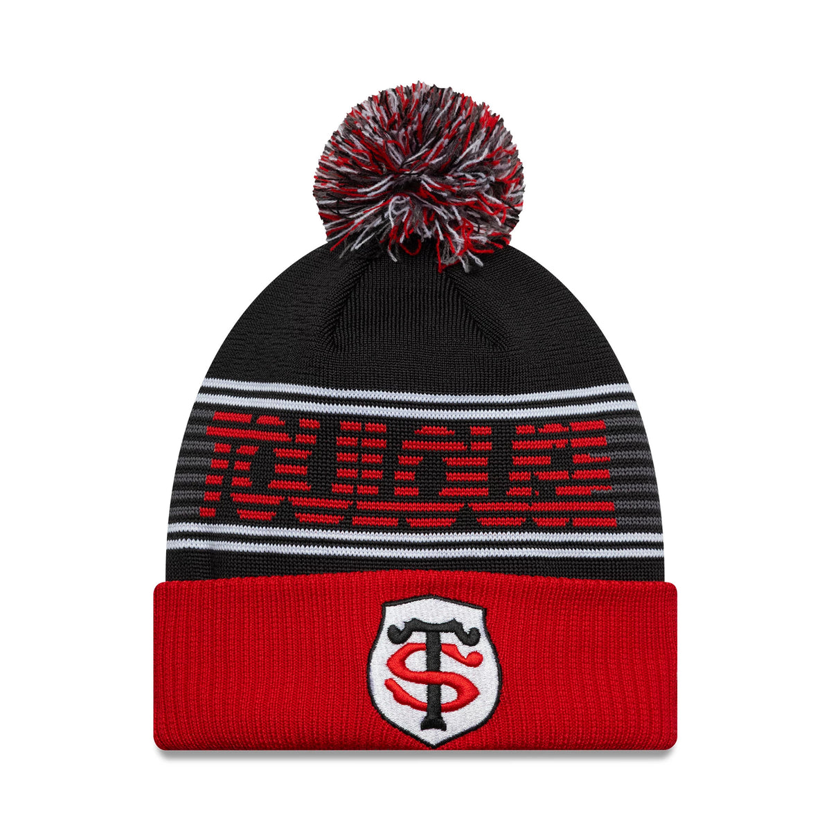 New Era Stade Toulousain Black Bobble Knit Beanie Hat, front view showing a red and black pompom on top, with red Toulouse text and team logo on the red cuff against a black background with grey stripes.