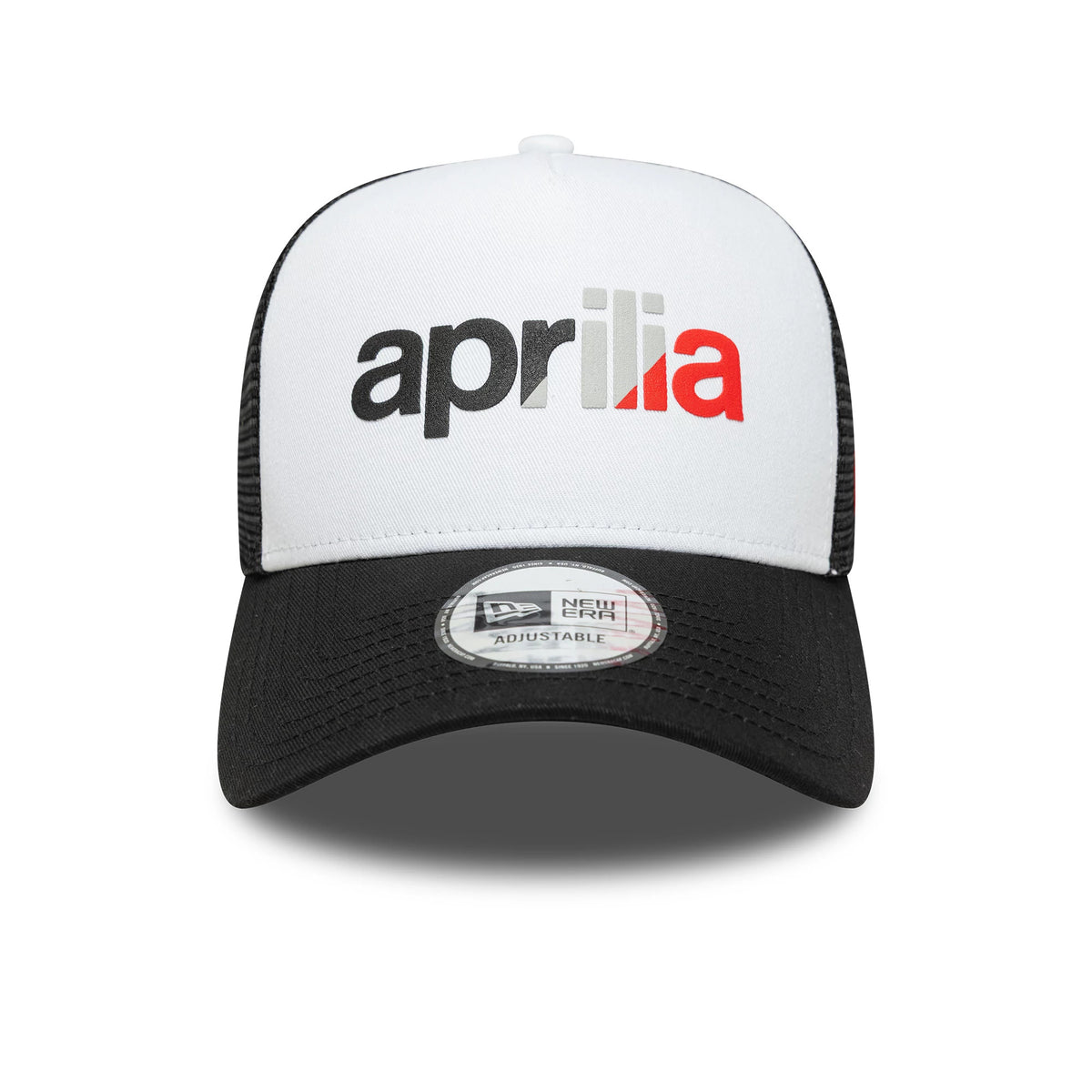 Aprilia Wordmark Black New Era 9FORTY A-Frame Trucker Cap, front view showing the black and red embroidered aprilia wordmark on the white front panel, with a black curved visor and 9FORTY size sticker.