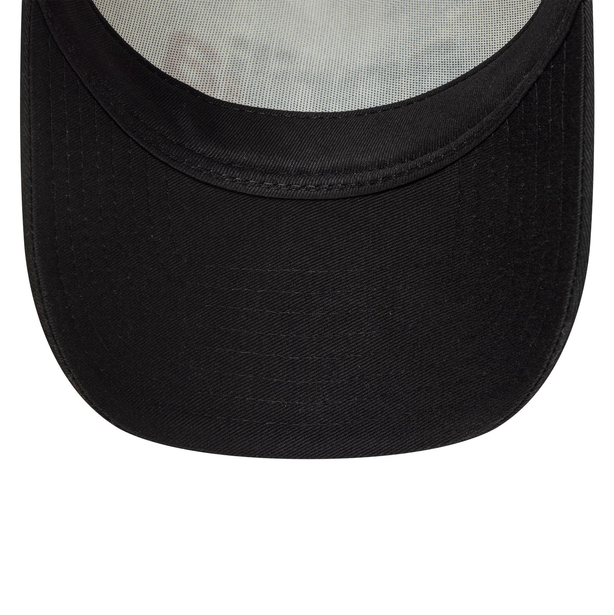 Aprilia Wordmark Black New Era 9FORTY A-Frame Trucker Cap, inside view showing the black curved visor and the mesh panels at the top, with detailed stitching around the edge of the visor.
