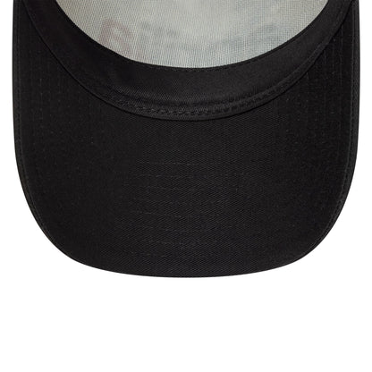 Aprilia Wordmark Black New Era 9FORTY A-Frame Trucker Cap, inside view showing the black curved visor and the mesh panels at the top, with detailed stitching around the edge of the visor.