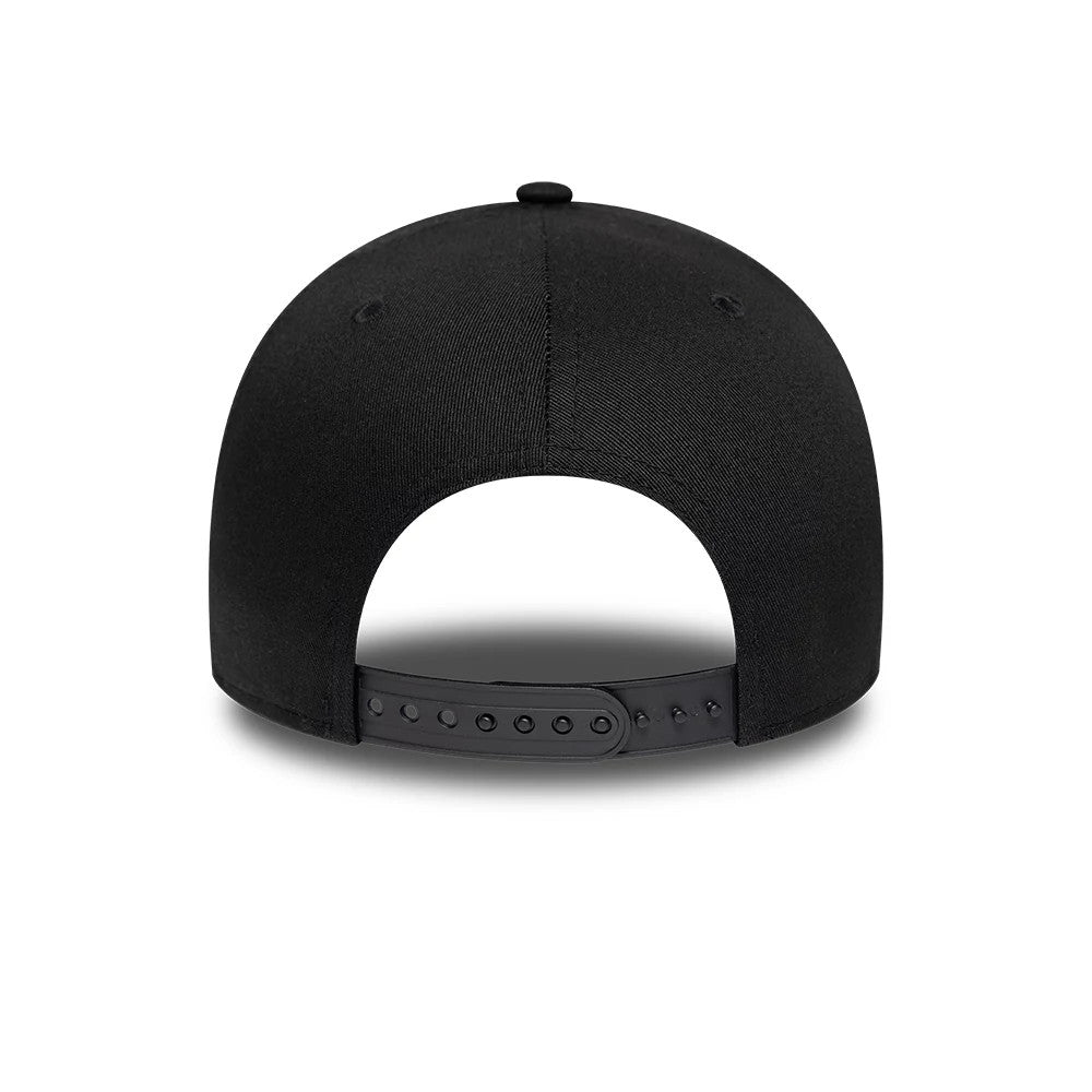 Aprilia Reflective Black New Era 9FORTY M-Crown A-Frame Cap, rear view showing the black adjustable strap fastening, neat panel seams and a rounded structured black crown with a top button.