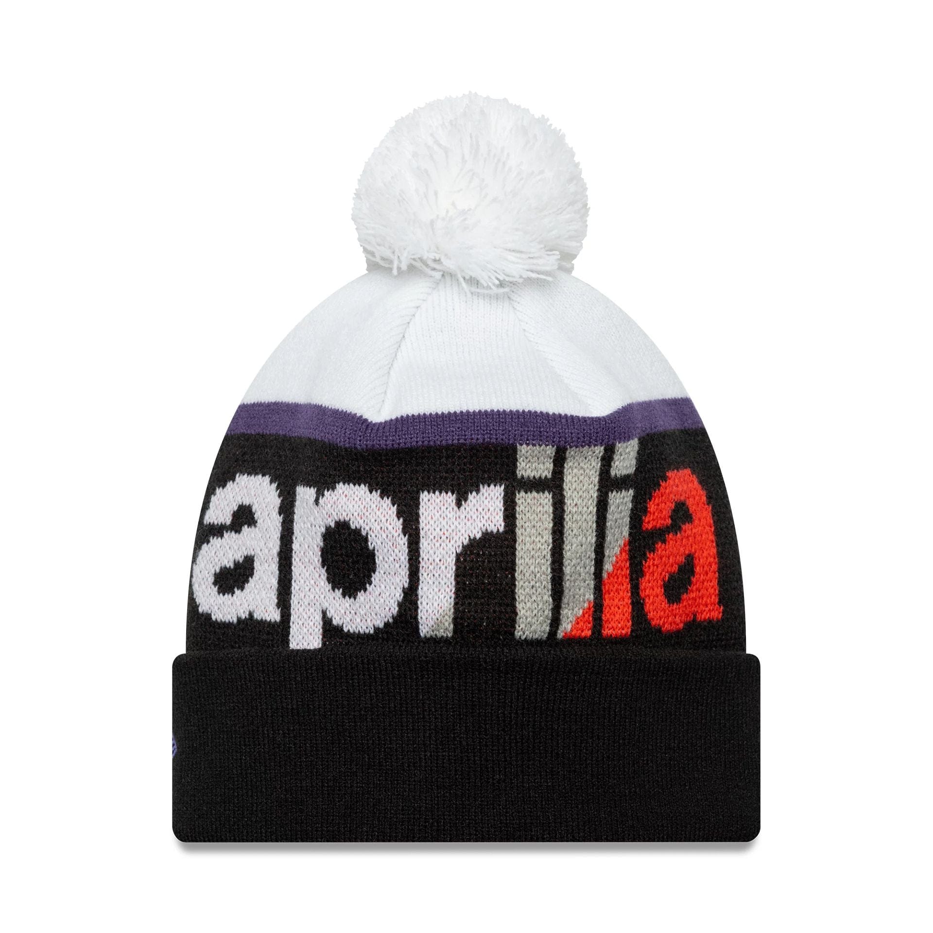 Pictured is this Aprilia Wordmark Bobble Knit Beanie in black. 1