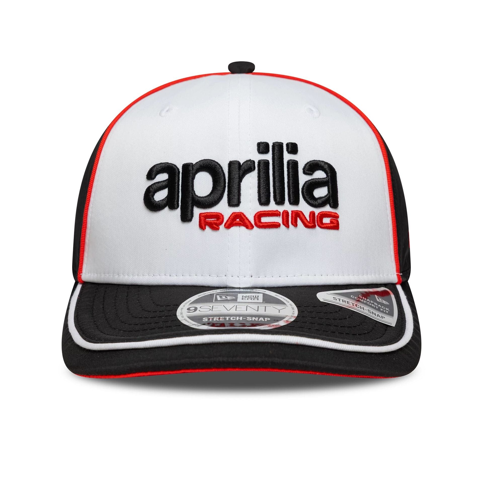 Pictured is this Aprilia Logo 9SEVENTY Stretch Snap in white. 2