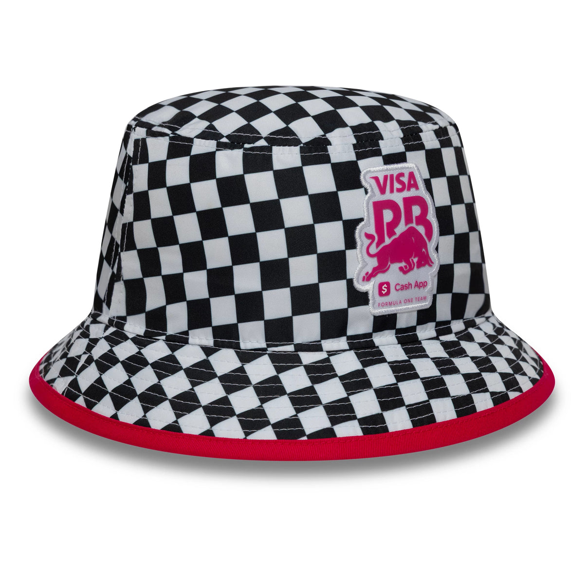 New Era Visa Cash App Racing Bulls Checkerboard White Bucket Hat, front view showing a pink Visa Cash App Racing Bulls patch on the checkerboard crown, with a vivid red trim on the wide visor.