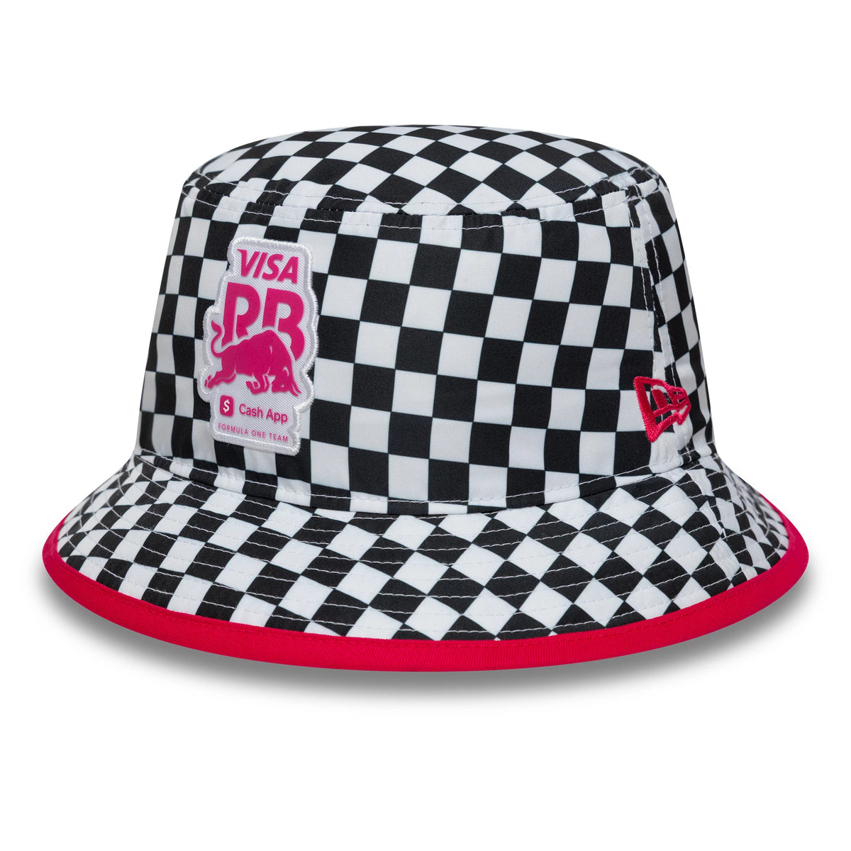 New Era Visa Cash App Racing Bulls Checkerboard White Bucket Hat, three-quarter view showing the Visa and Racing Bulls logo patch on the black and white checkerboard crown and a red New Era flag logo embroidered on the side.