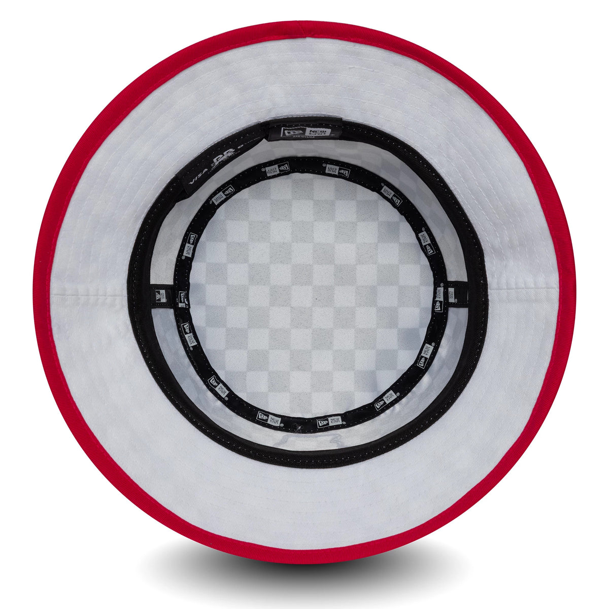 New Era Visa Cash App Racing Bulls Checkerboard White Bucket Hat, inside view showing the checkered grey and white pattern on the crown, a black sweatband with New Era branding, and a contrasting red underbrim edge.