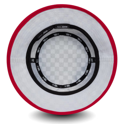 New Era Visa Cash App Racing Bulls Checkerboard White Bucket Hat, inside view showing the checkered grey and white pattern on the crown, a black sweatband with New Era branding, and a contrasting red underbrim edge.