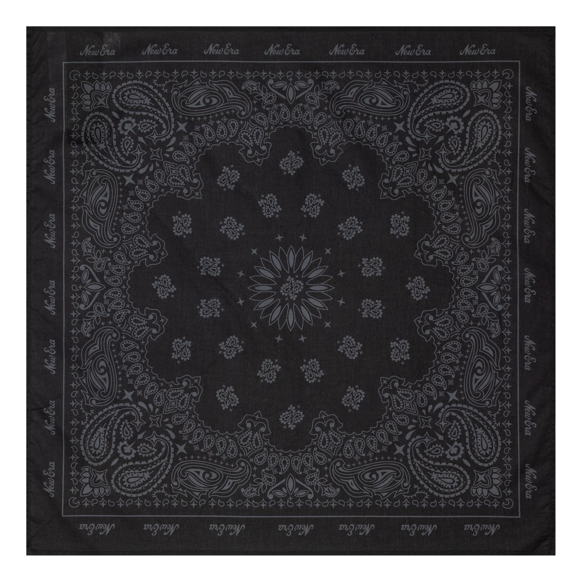 New Era Paisley Black Bandana, flat view showing intricate light grey paisley and floral patterns with multiple New Era logos along the border, set against a solid black background.
