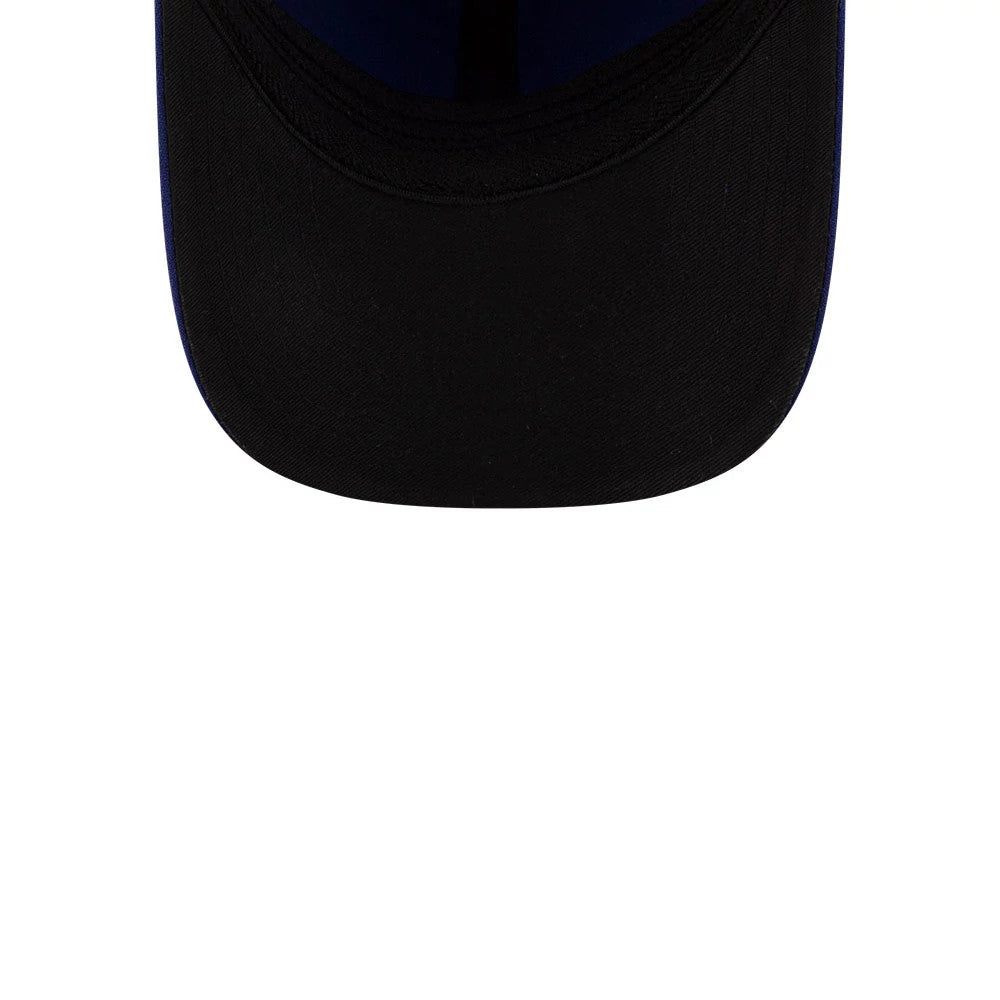 Dodgers MLB Player Replica Blue New Era 39THIRTY M-Crown Stretch Fit Cap, inside view showing the black undervisor and blue interior lining with black taping along the seams for enhanced structure.