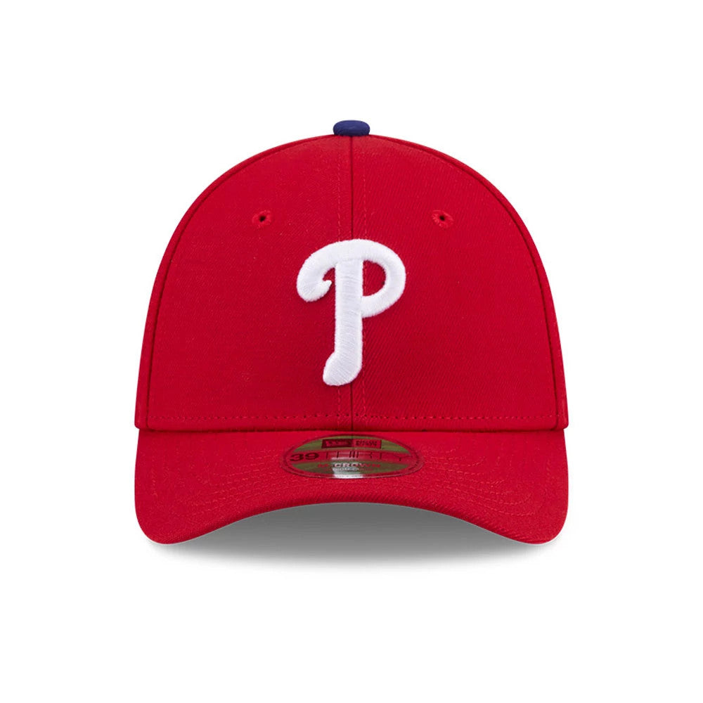 Pictured is this MLB Player Replica Philadelphia Phillies 39THIRTY M-Crown Stretch Fit cap in red. 3