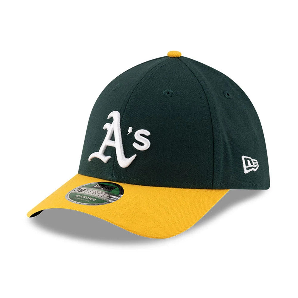 Pictured is this MLB Player Replica Athletics 39THIRTY M-Crown Stretch Fit cap in dark green. 1