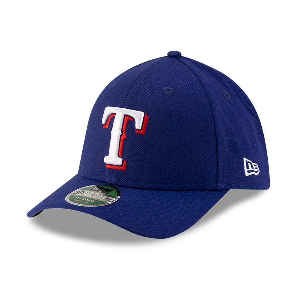 Rangers MLB Player Replica Dark Blue New Era 39THIRTY M-Crown Stretch Fit Cap, front view showing the raised white and red outlined T logo on the front panel, dark blue curved visor with a 39THIRTY size sticker.