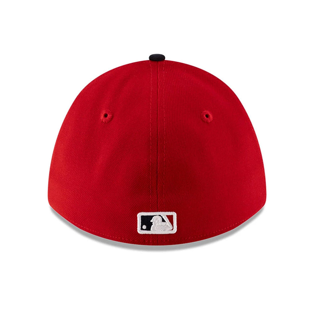 Pictured is this MLB Player Replica Cleveland Guardians 39THIRTY M-Crown Stretch Fit cap in Dark Red. 4