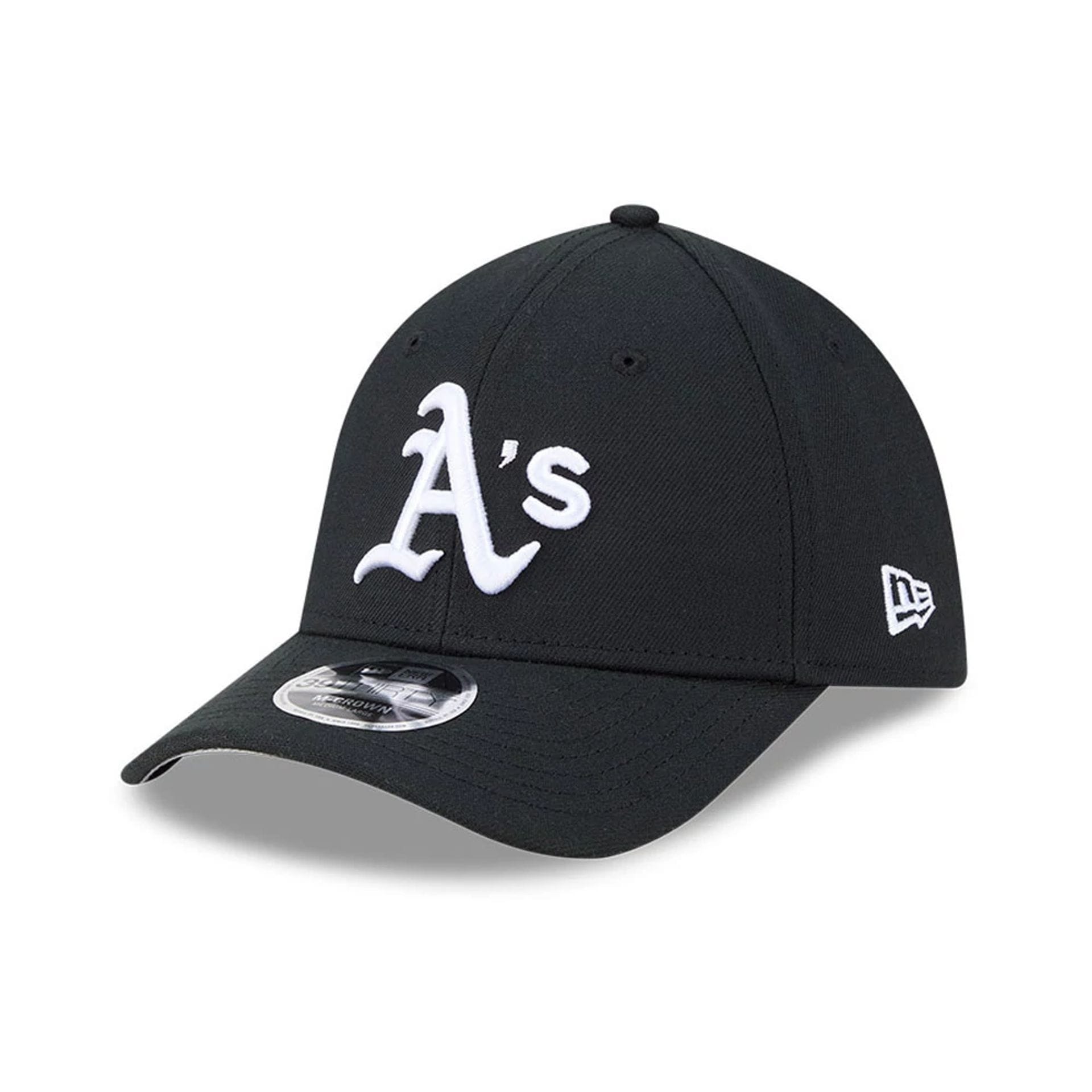 Pictured is this MLB Athletics 39THIRTY M-Crown Stretch Fit cap in black. 1