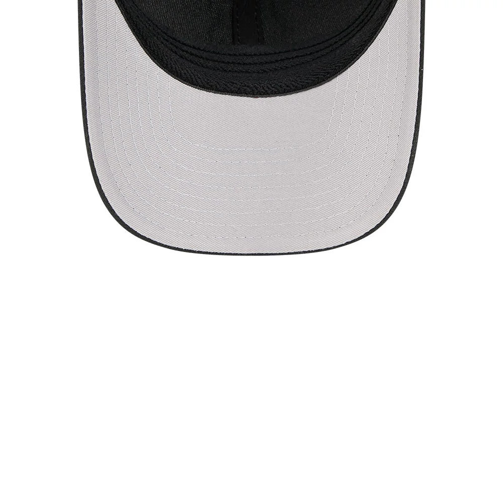 New York Mets MLB Outline Black New Era 39THIRTY M-Crown Stretch Fit Cap, inside view showing the grey undervisor with detailed stitching and black sweatband lining the interior for comfort.