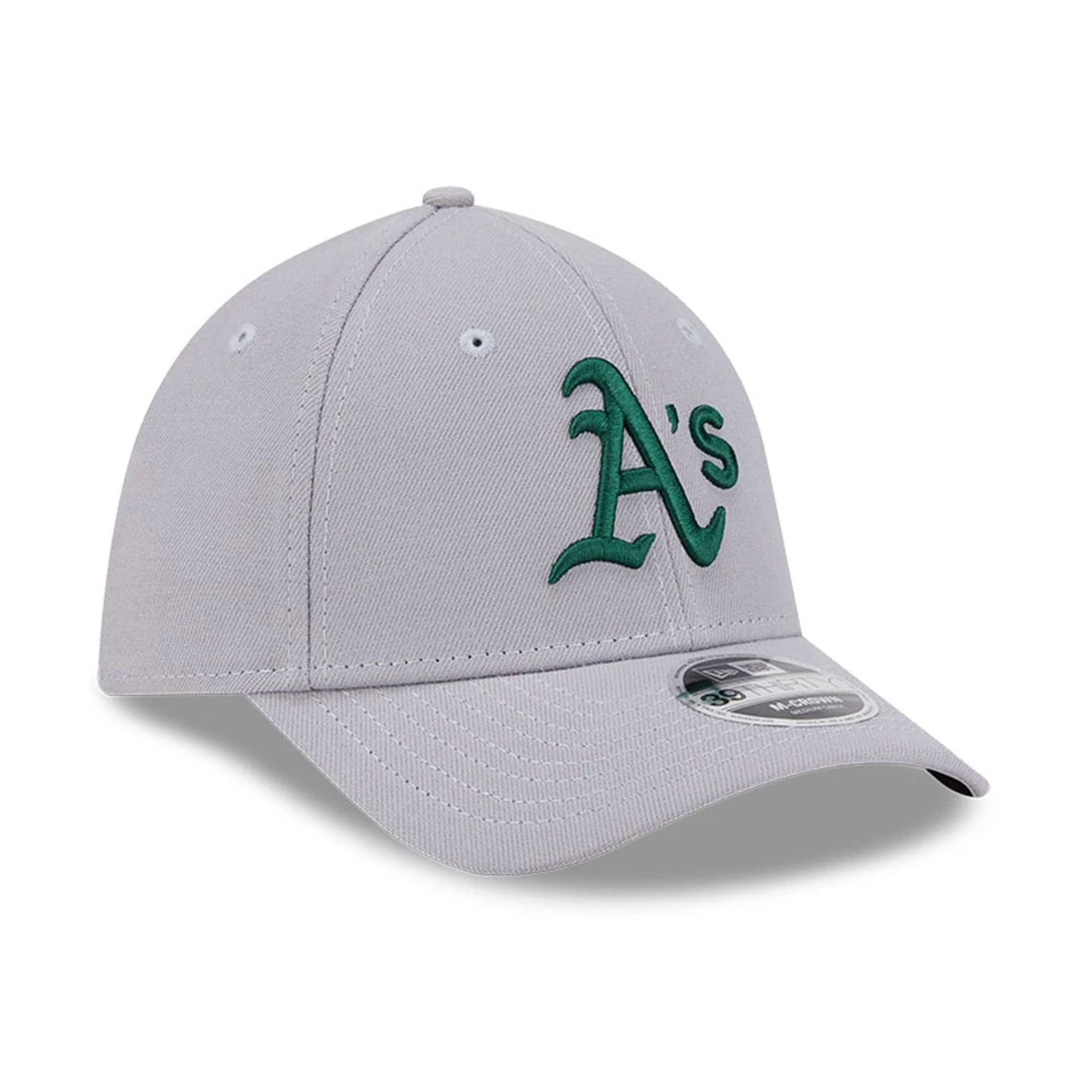 Pictured is this MLB Athletics 39THIRTY M-Crown Stretch Fit cap in grey. 3