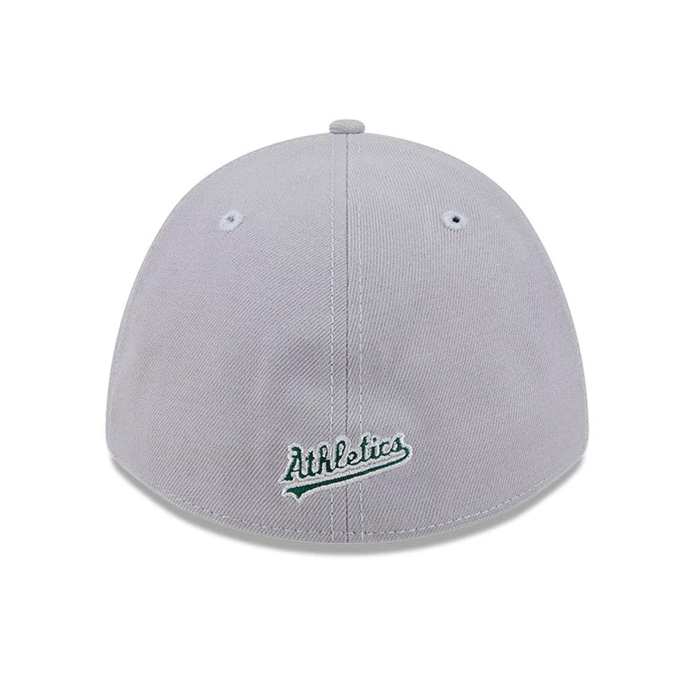 Athletics MLB Grey New Era 39THIRTY M-Crown Stretch Fit Cap, rear view showing green and white embroidered Athletics text logo on the lower centre back of the structured grey crown.
