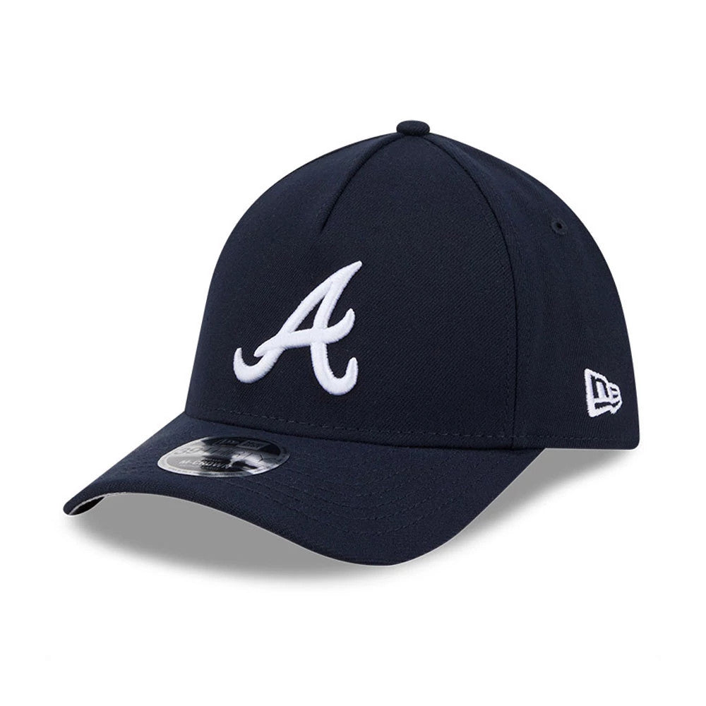 Atlanta Braves MLB Navy New Era 39THIRTY M-Crown A-Frame Stretch Fit Cap, three-quarter view showing a raised white A logo on the front panel, a New Era flag logo on the left side, and a 39THIRTY size sticker on the curved visor.