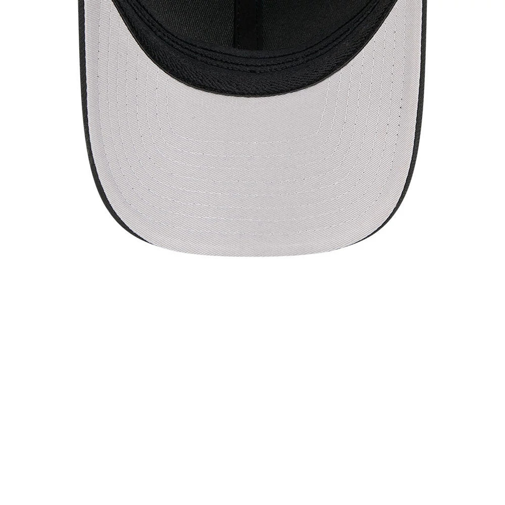LA Dodgers MLB Black New Era 39THIRTY M-Crown Stretch Fit Cap, inside view showing the white undervisor and black sweatband, highlighting the detailed stitching on the curved visor.