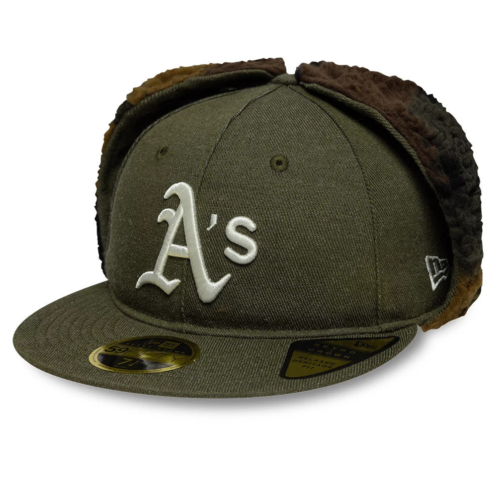 This is a Athletics MLB Camo Open Green Retro Crown Dogear 59FIFTY Fitted Cap 1