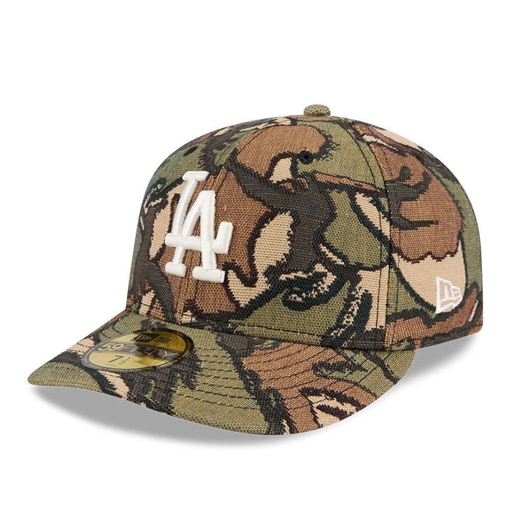 LA Dodgers MLB Jacquard Camo New Era 59FIFTY Fitted Cap, three-quarter view showing a white embroidered LA logo on the front panel, a gold 59FIFTY size sticker on the flat visor, and the white New Era flag logo on the left side.