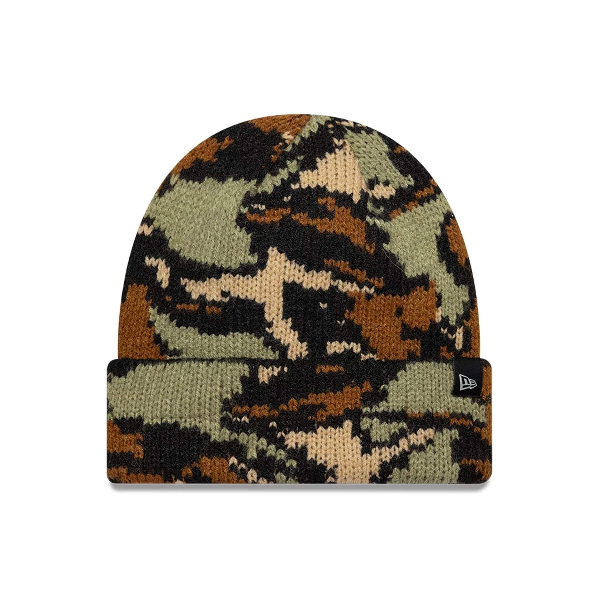 This is a  New Era Patchwork Camo Cable Knit Beanie Hat 1