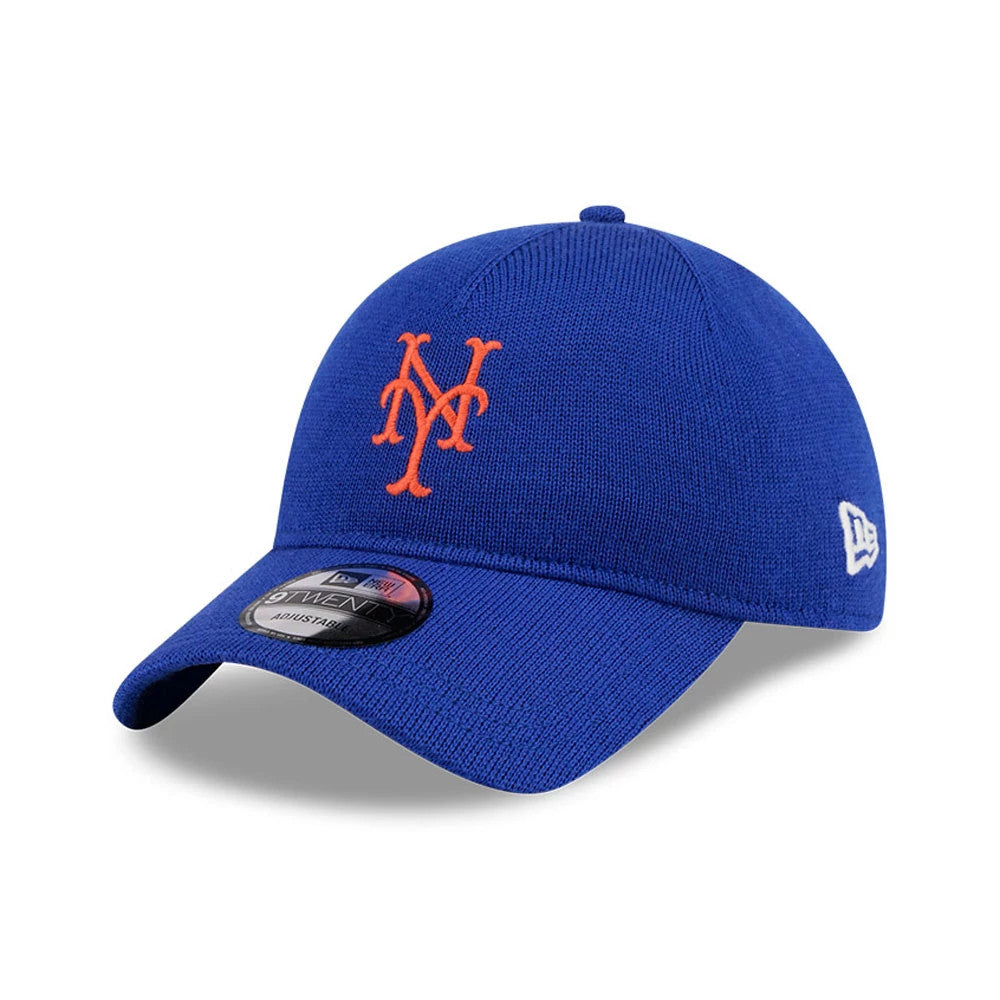 New York Mets MLB Merino Wool Blue New Era 9TWENTY Adjustable Cap, three-quarter view showing the orange Mets logo in raised embroidery on the front panel, curved blue visor and the 9TWENTY size sticker on the top.