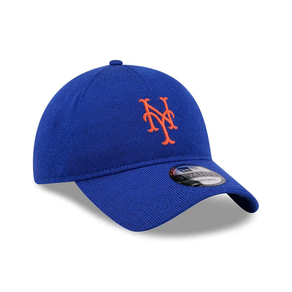 New York Mets MLB Merino Wool Blue New Era 9TWENTY Adjustable Cap, three-quarter view showing the raised orange NY logo embroidered on the structured blue crown and a 9TWENTY size sticker on the curved visor.