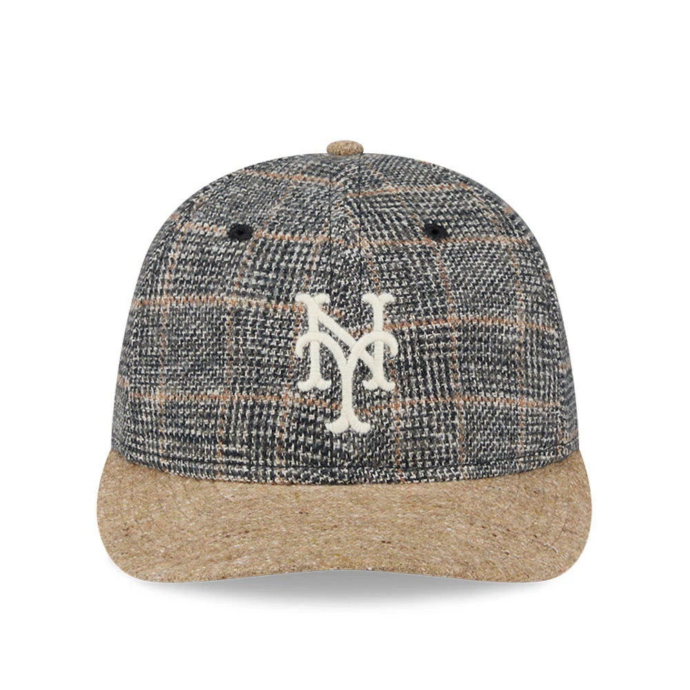 New York Mets MLB Vintage Tweed Open Blue Retro Crown New Era 59FIFTY Fitted Cap, front view showing the cream embroidered Mets logo on the tweed-patterned crown with a brown textured visor and matching top button.