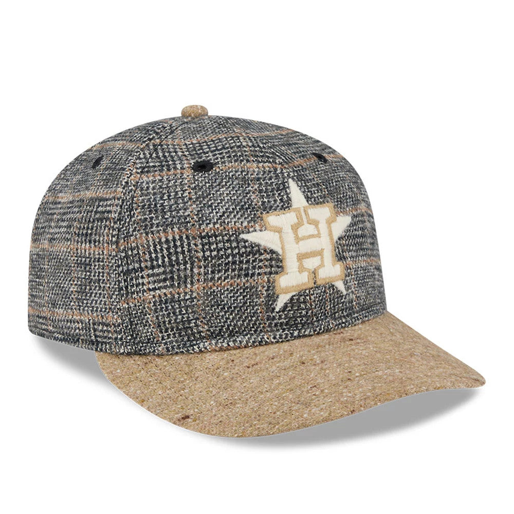 Houston Astros MLB Vintage Tweed Open Blue Retro Crown New Era 59FIFTY Fitted Cap, three-quarter view with a cream H logo embroidered on the front panel, showing a tweed crown and flat brown visor with a top button to match.