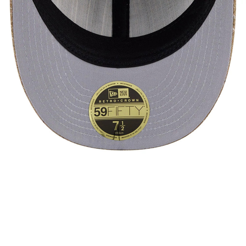 Chicago White Sox MLB Vintage Tweed Open Blue Retro Crown New Era 59FIFTY Fitted Cap, inside view showing a black sweatband and light grey taping, with a size sticker on the grey undervisor.