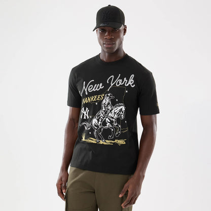 The model is wearing this MLB Cowboy Graphic New York Yankees T-Shirt in black. 1