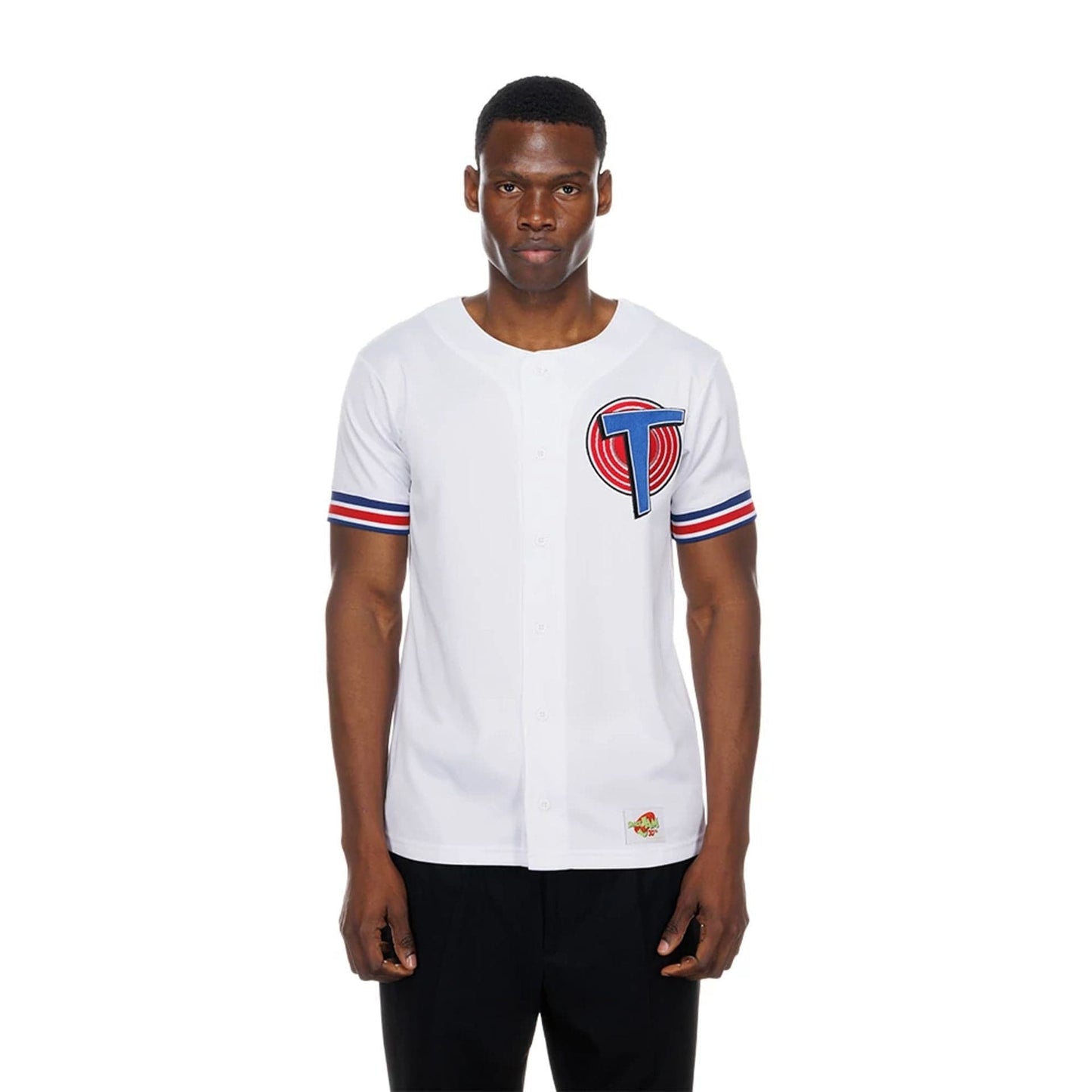 The model is wearing this Warner Brothers Space Jam Mesh Jersey in white. 1