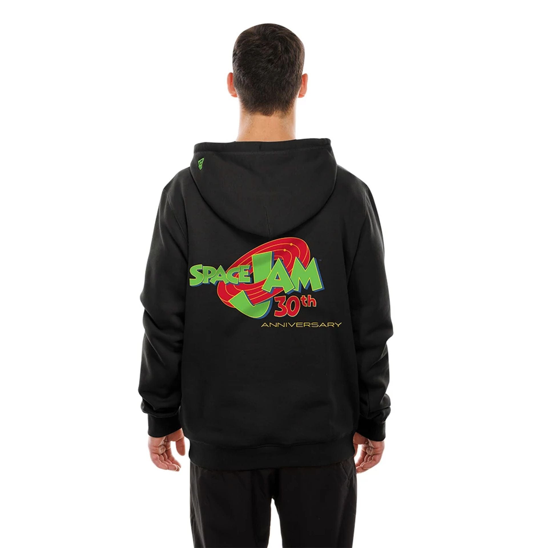 The model is wearing this Warner Brothers Space Jam Pullover Hoodie in black. 2