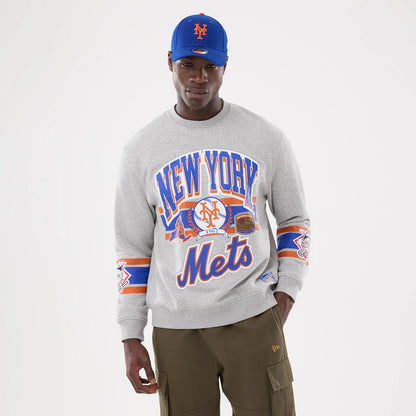 The model is wearing this MLB Sport Classic New York Mets Crew Neck Sweater in grey. 1