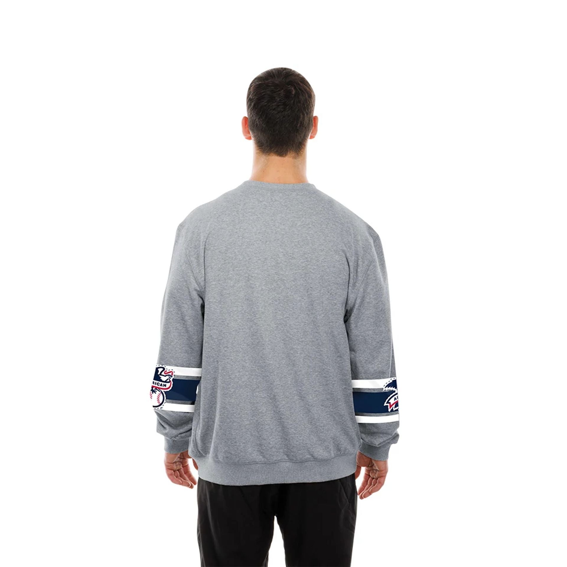The model is wearing this MLB Sport Classic New York Yankees Crew Neck Sweater in grey. 2