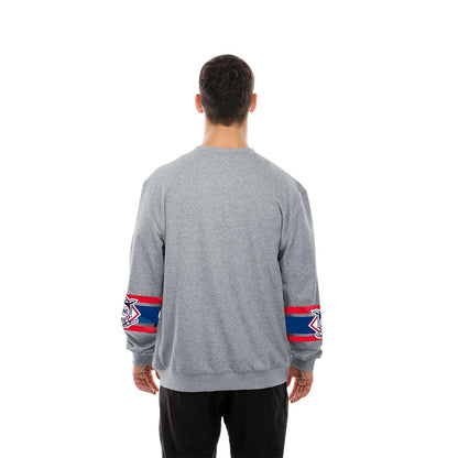 The model is wearing this MLB Sport Classic LA Dodgers Crew Neck Sweater in grey. 2