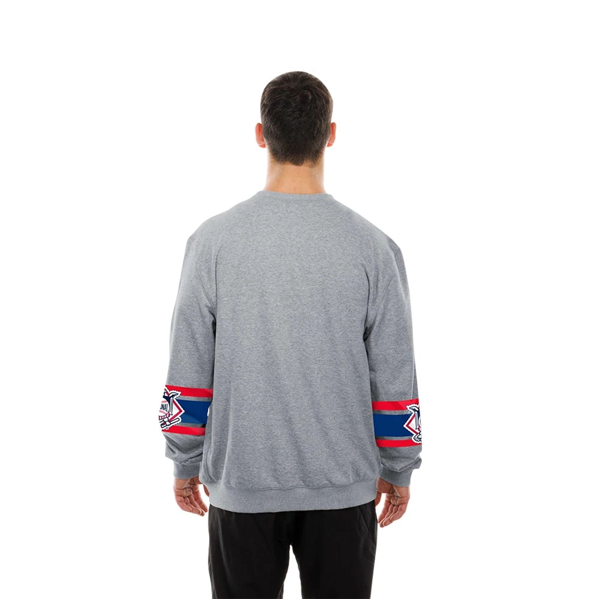 The model is wearing this MLB Sport Classic LA Dodgers Crew Neck Sweater in grey. 2