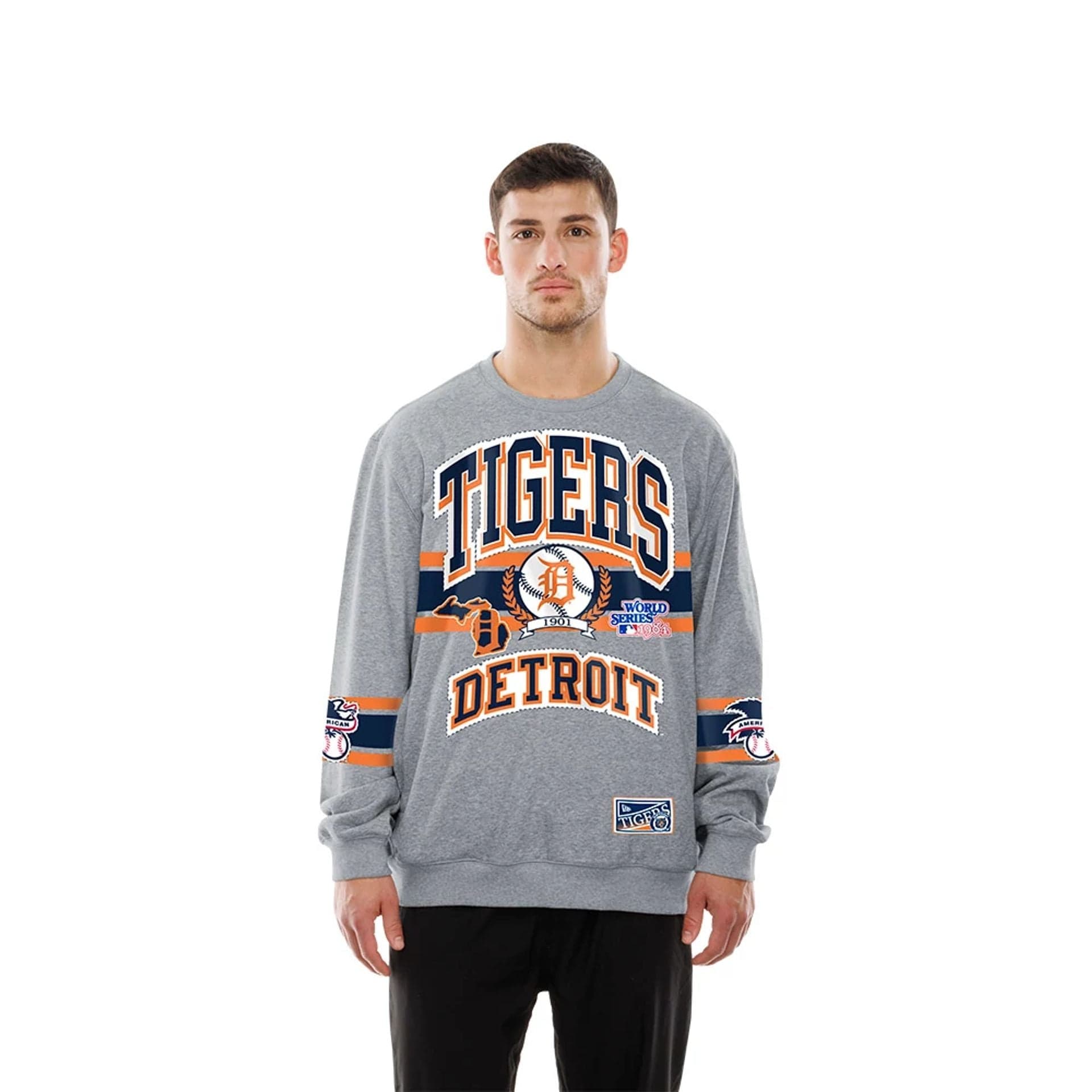 The model is wearing this MLB Sport Classic Detroit Tigers Crew Neck Sweater in grey. 1