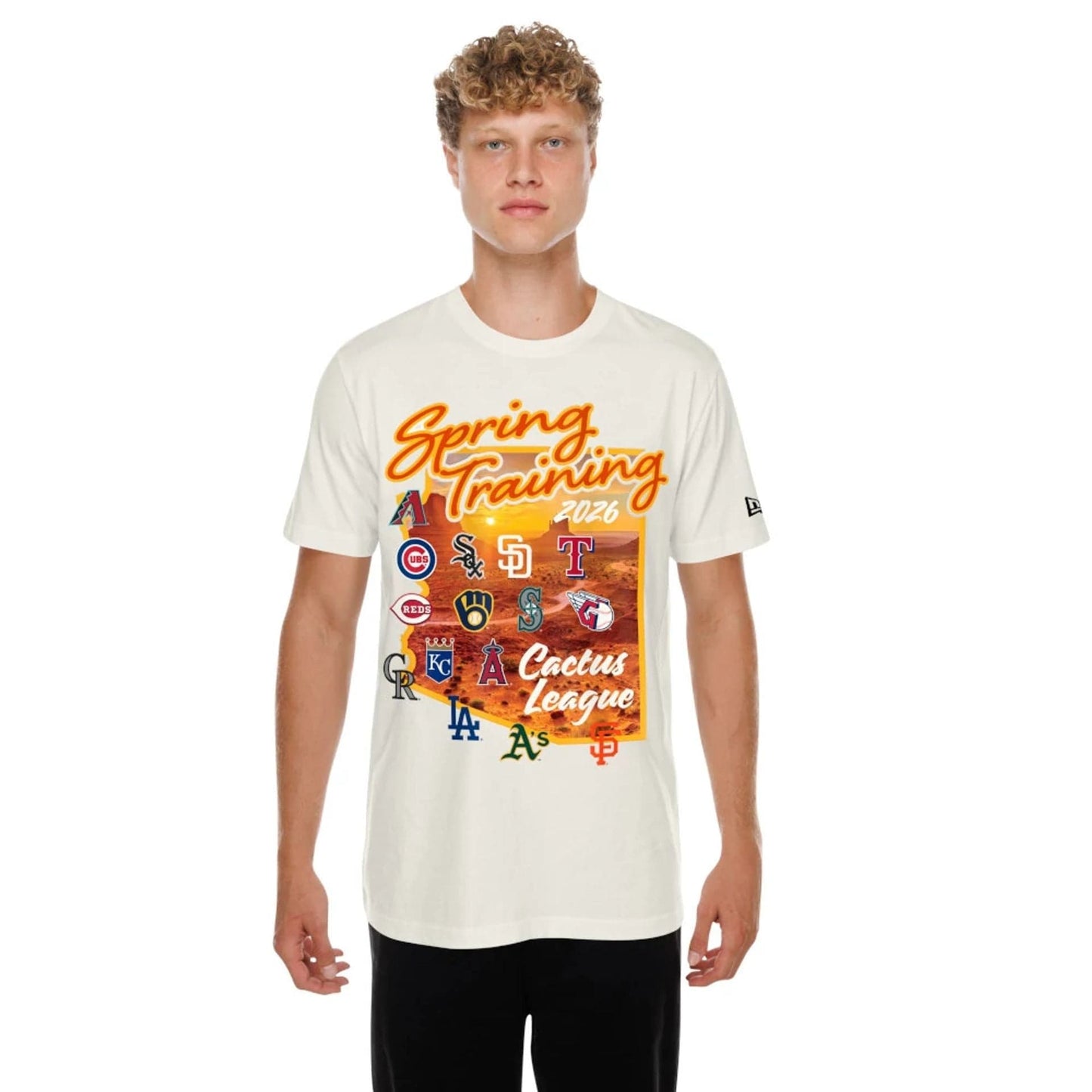 The model is wearing this MLB Spring Training 2026 Cactus League Logo T-Shirt in Cream. 6