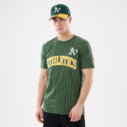 The model is wearing this MLB Pinstripe Athletics T-Shirt in dark green. 1