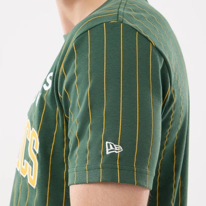 The model is wearing this MLB Pinstripe Athletics T-Shirt in dark green. 3