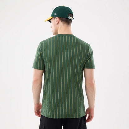 The model is wearing this MLB Pinstripe Athletics T-Shirt in dark green. 2