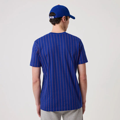 The model is wearing this MLB Pinstripe New York Mets T-Shirt in blue. 2