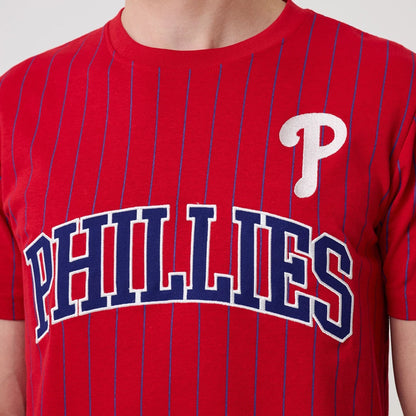 The model is wearing this MLB Pinstripe Philadelphia Phillies T-Shirt in red. 3