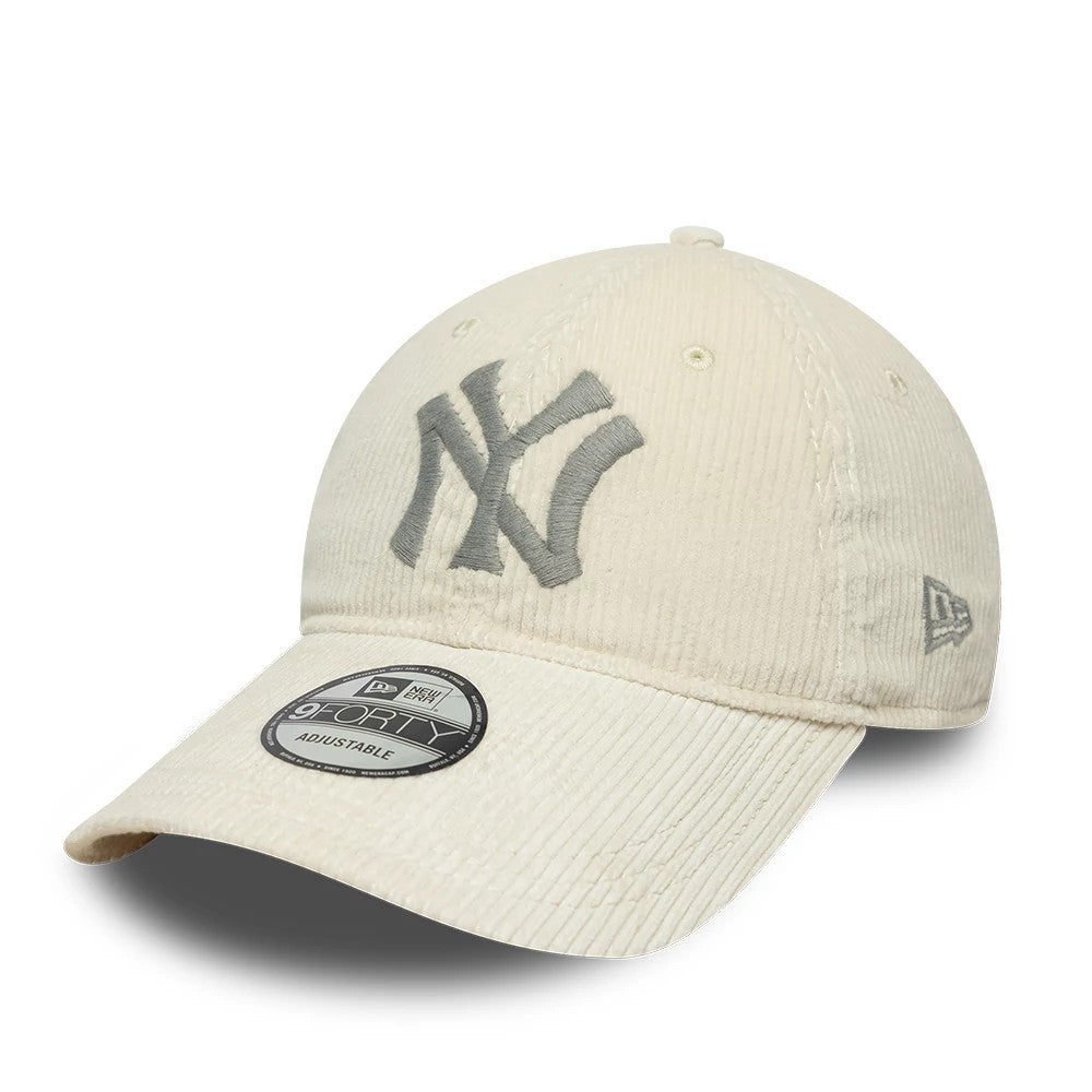 New York Yankees Ralph Lauren x MLB Cord Open Beige Long Visor New Era 9FORTY Adjustable Cap, three-quarter view showing a grey embroidered NY logo on the front panel, beige corduroy texture, long visor with 9FORTY size sticker.