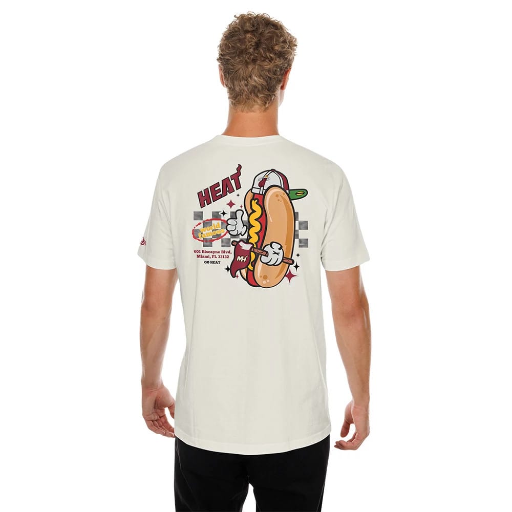 The model is wearing this NBA Hotdog Miami Heat T-Shirt in cream. 2