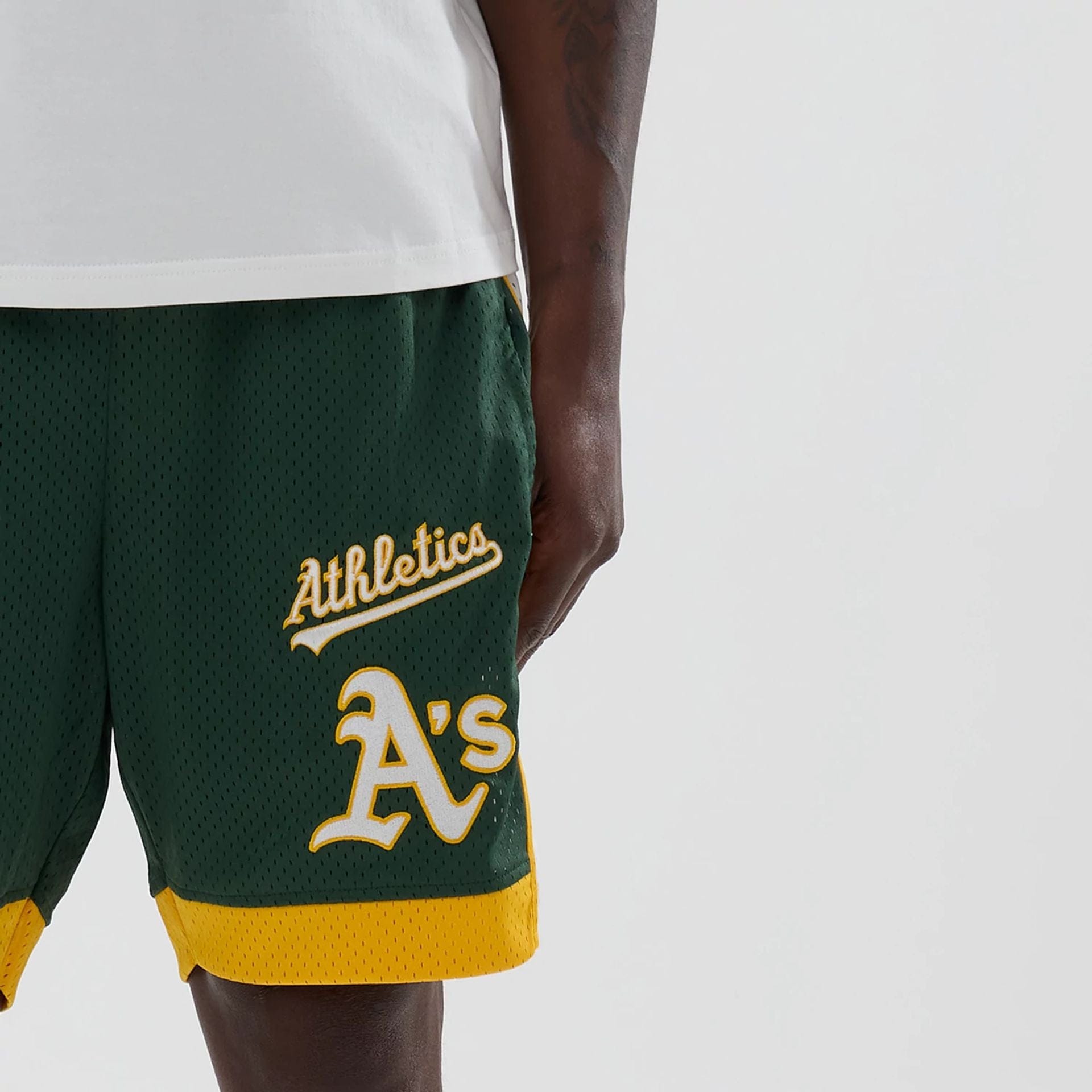 The model is wearing these MLB Athletics Mesh Shorts in dark green. 5