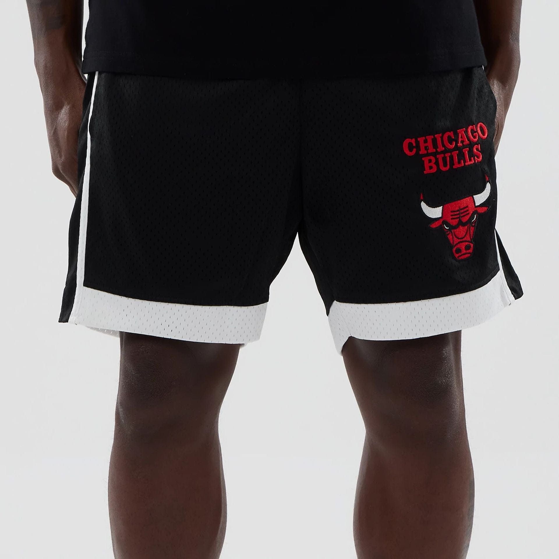 The model is wearing these NBA Chicago Bulls Mesh Shorts in black. 2