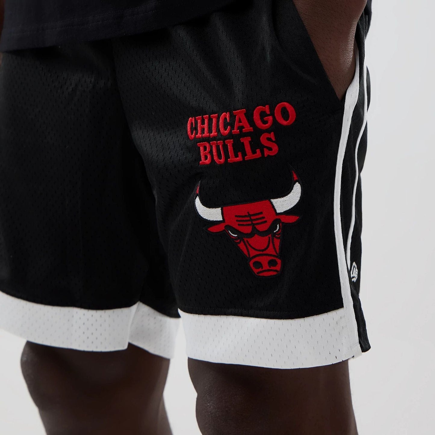 The model is wearing these NBA Chicago Bulls Mesh Shorts in black. 3